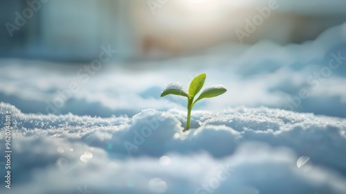 A small green plant sprout emerges from the snow on a sunny day, symbolizing hope and resilience.