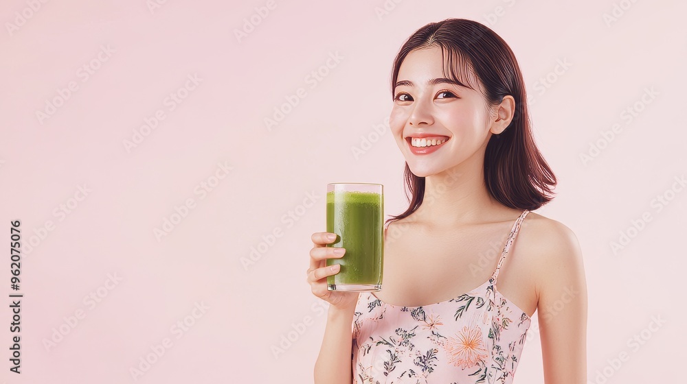 A Japanese woman, standing and holding a glass of green juice A Japanese woman, standing and holding a glass of green juice