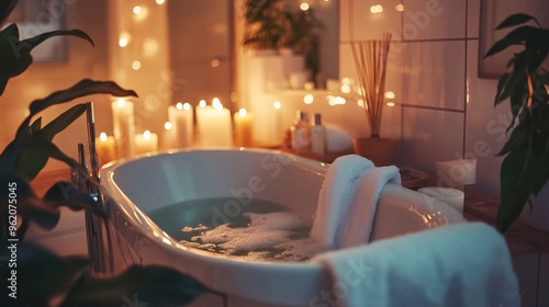 A bathtub filled with warm water and foam with candles and plant in a bathroom, lit by warm string lights.