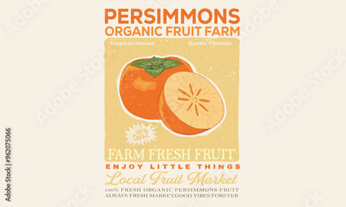 Persimmons fruit vintage t-shirt design. Organic fruit farm. Persimmons club print design. Organic artwork for t shirt print, poster, sticker and other uses.