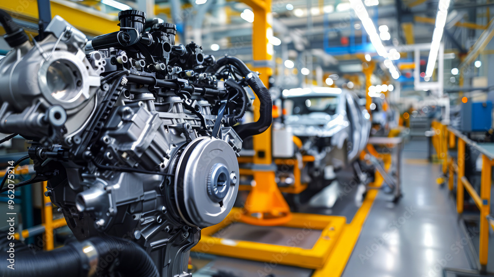Car engine assembly line. modern car engine on a production line in a factory. industrial machinery and a blurred background. Car engine assembly line. modern car engine on a production line in a factory. industrial machinery and a blurred background.