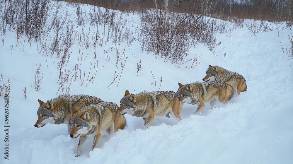 Naklejka premium Wolf Pack in Snowy Forest
