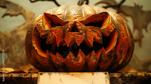 Spooky halloween pumpkin with sharp teeth and a menacing grin, sitting on a wooden table with cobwebs. scary, spooky, halloween. photo