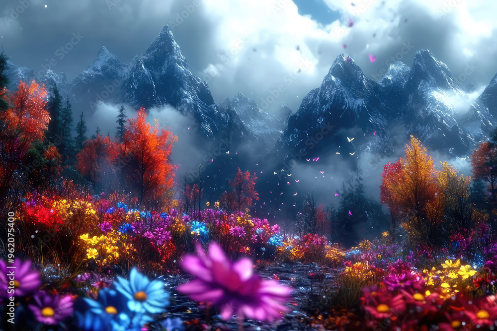 A stunning image of a mystical mountain landscape surrounded by colorful, vibrant flowers under a dramatic sky, capturing natural beauty and tranquility. A stunning image of a mystical mountain landscape surrounded by colorful, vibrant flowers under a dramatic sky, capturing natural beauty and tranquility.