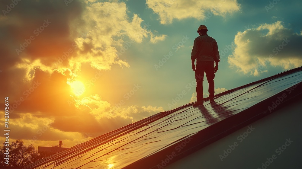A roofer stands on the roof against the sky A roofer stands on the roof against the sky