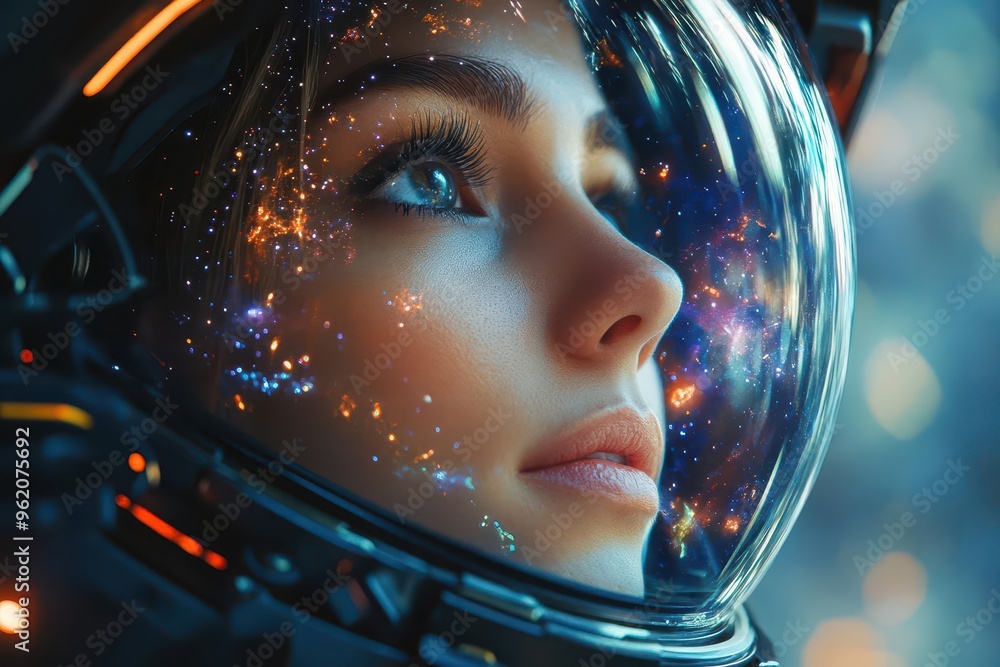 futuristic space exploration a female astronaut in a sleek spacesuit gazes up at a starfilled sky reflections of distant galaxies dance across her helmet visor capturing wonder and possibility futuristic space exploration a female astronaut in a sleek spacesuit gazes up at a starfilled sky reflections of distant galaxies dance across her helmet visor capturing wonder and possibility