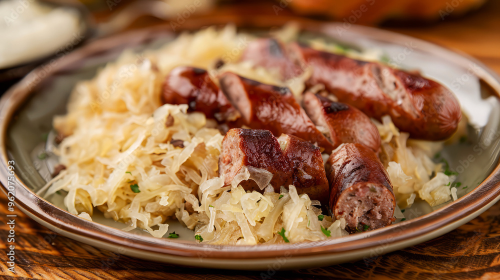 Grilled Sausage With Sauerkraut On A Plate. A Delicious And Classic German Dish. Perfect For A Hearty Meal. Grilled Sausage With Sauerkraut On A Plate. A Delicious And Classic German Dish. Perfect For A Hearty Meal.