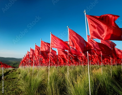 A field of red flags blowing in the wind. photo