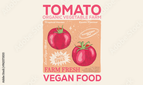 Red tomato vintage t-shirt design. Organic vegetable farm. Tomato vegetable artwork for t shirt print, poster, sticker and other uses.