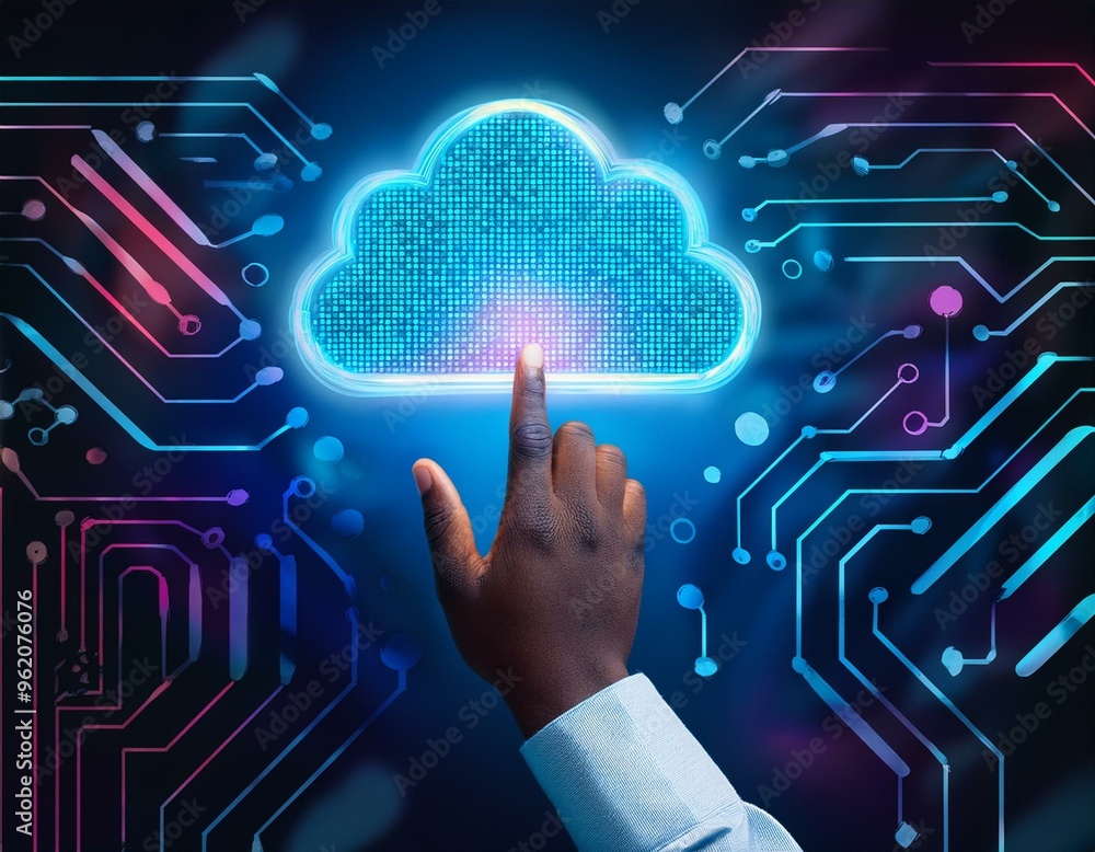 a human hand from above, interacting with a vibrant button to commence cloud computing for server backup Infuse the scene with pixel art elements a human hand from above, interacting with a vibrant button to commence cloud computing for server backup Infuse the scene with pixel art elements