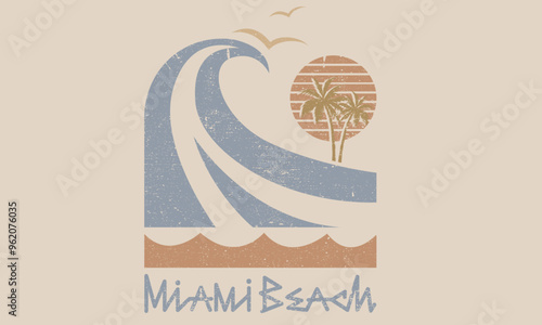 Beach wave artwork. Summer vector graphic design for apparel, stickers, posters, background and others. Surfing club vector design. Miami beach paradise artwork. photo