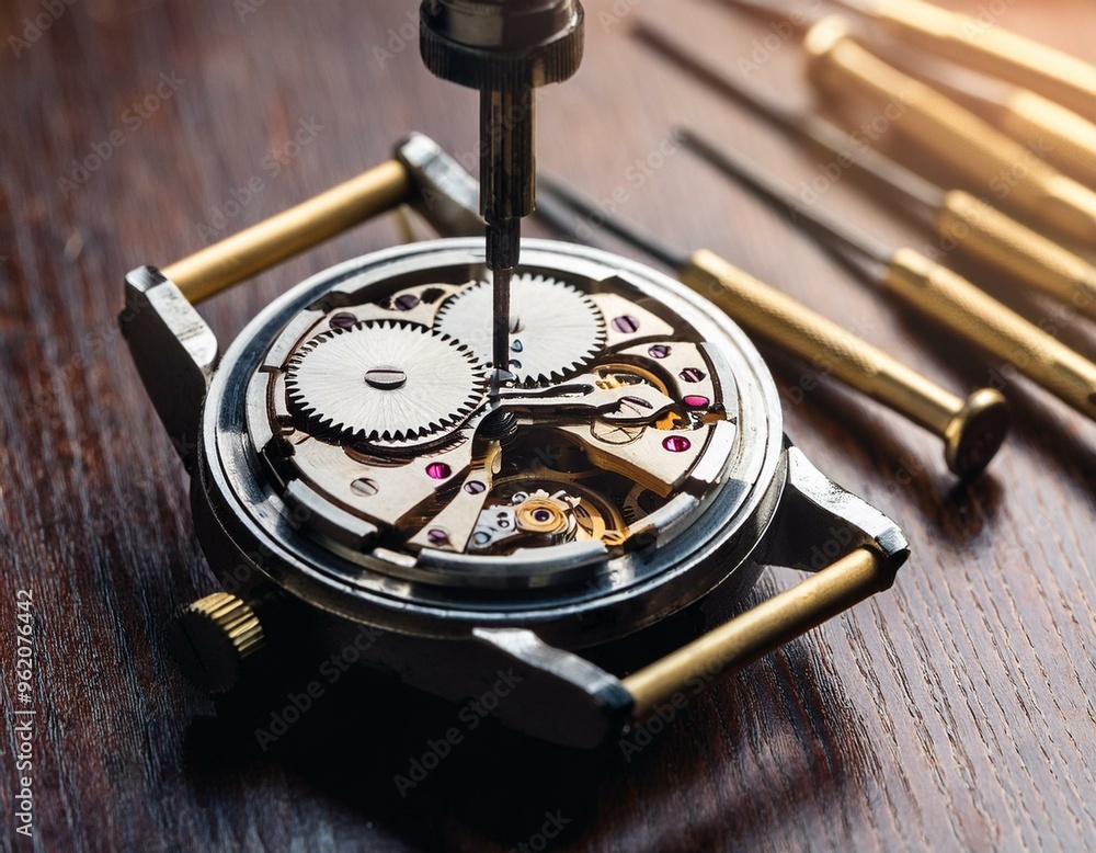 Fototapeta premium A photorealistic image of a vintage watch being meticulously assembled