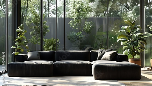 Modern living room, dark sofa and large glass windows allow natural light to flow into the room, and potted plants next to it, making it comfortable and pleasant