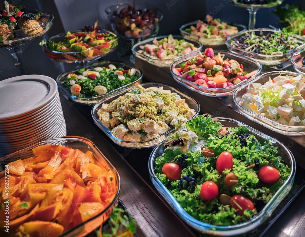 A variety of fresh salads and appetizers are displayed on a buffet table. A variety of fresh salads and appetizers are displayed on a buffet table.