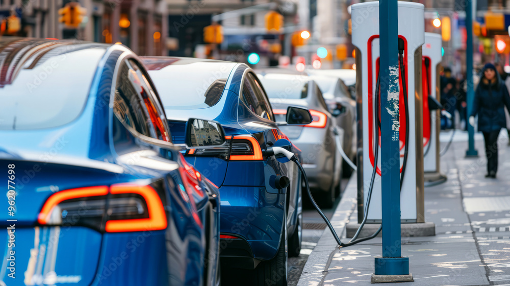 Electric Car Charging Station In Busy City Street. The Future Of Transportation Is Here. Electric Car Charging Station In Busy City Street. The Future Of Transportation Is Here.