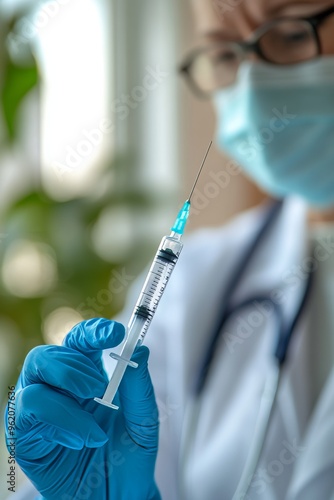 Coronavirus vaccination, a doctor with a syringe and a needle