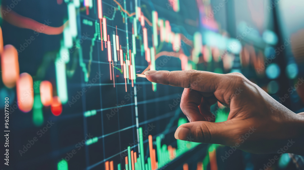 Close Up Of A Hand Analyzing Financial Data On A Screen, Showing Stock Market Trends And Candlestick Charts. Close Up Of A Hand Analyzing Financial Data On A Screen, Showing Stock Market Trends And Candlestick Charts.