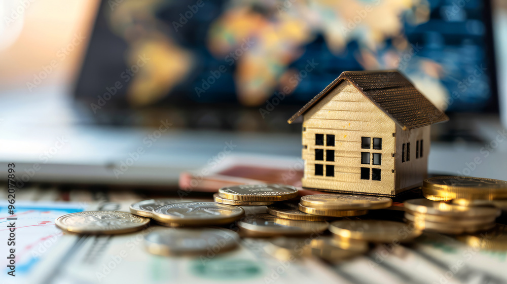 House Model With Coins And Financial Documents On Table House Model With Coins And Financial Documents On Table