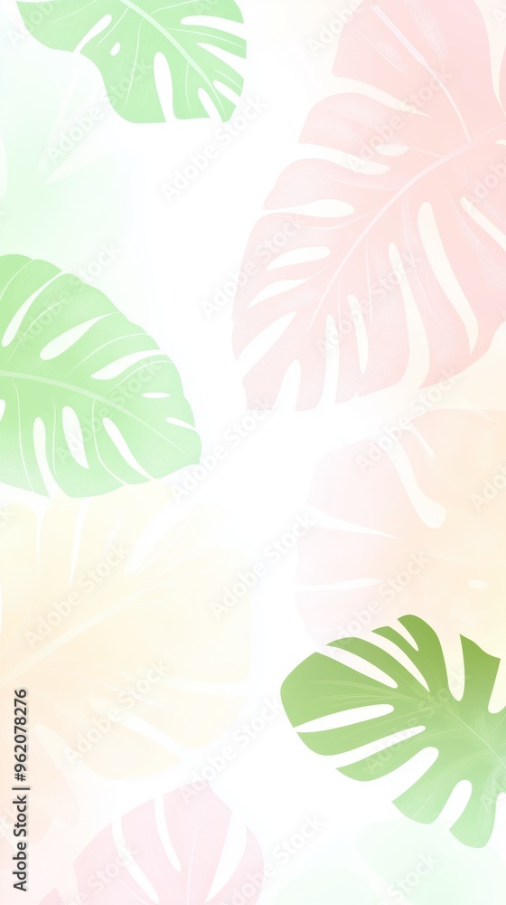 Fototapeta premium Pastel tropical leaves pattern with light green and pink shades