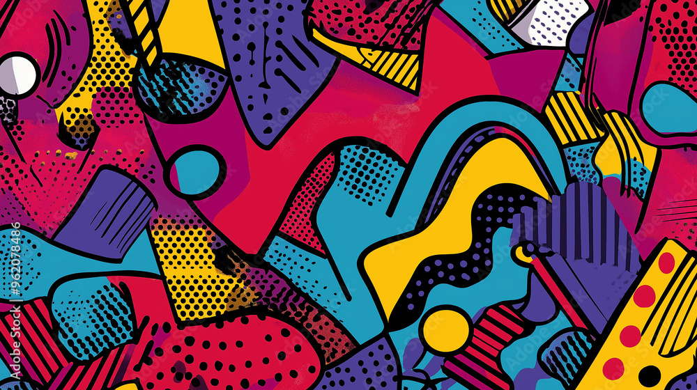 Pop art concept multicolored abstract pattern featuring meaningless and complex shape. Colorful background in pop art retro comic style. Pop art concept multicolored abstract pattern featuring meaningless and complex shape. Colorful background in pop art retro comic style.