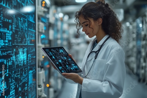 Doctor using digital tablet, modern technology in medicine and healthcare concept on blue background