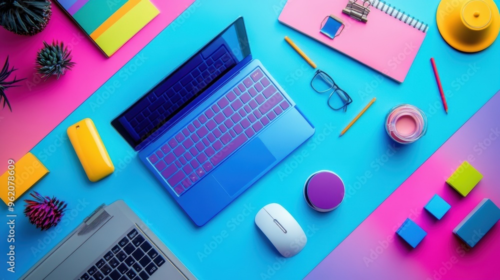 Blue and multi-colored tech gadgets arranged on a futuristic desk with vibrant office decor Blue and multi-colored tech gadgets arranged on a futuristic desk with vibrant office decor