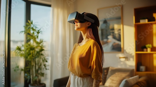 a girl wearing apple vision pro in her smart home