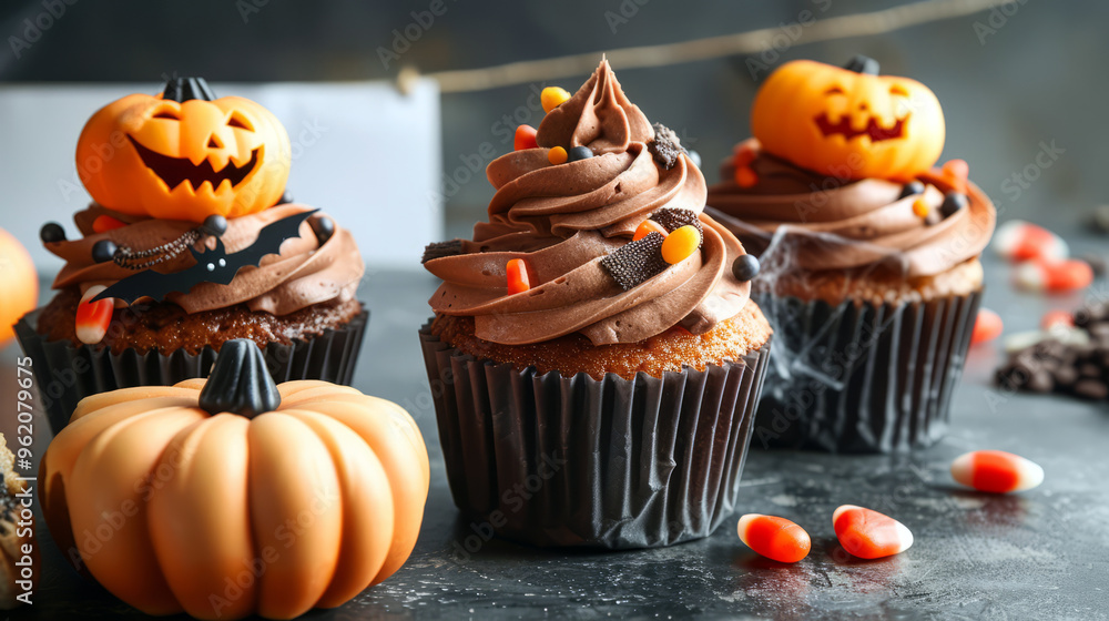 Spooky Halloween Cupcakes With Chocolate Frosting And Pumpkin Decorations. Spooky Halloween Cupcakes With Chocolate Frosting And Pumpkin Decorations.