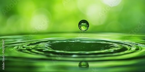 A single water droplet captured mid-air, falling into the calm green water surface, creating ripples in an abstract natural setting.