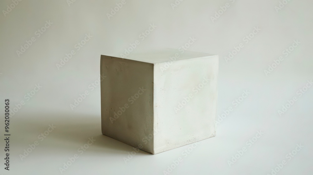 A white cube sits on a white background. The cube is slightly textured and casts a shadow on the surface. A white cube sits on a white background. The cube is slightly textured and casts a shadow on the surface.