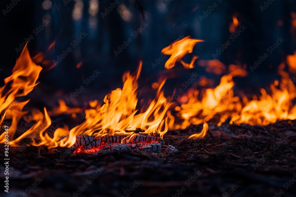 Close-up shot of glowing embers and dancing flames, reflecting heat and the raw power of nature's destruction. Close-up shot of glowing embers and dancing flames, reflecting heat and the raw power of nature's destruction.