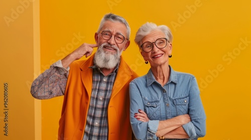 Happy Senior Couple Posing In Front Of Yellow Background. Man In Orange Jacket And Woman In Denim Shirt. Love And Joy Concept. photo