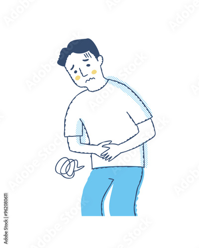 お腹を押さえている困った表情の男性　