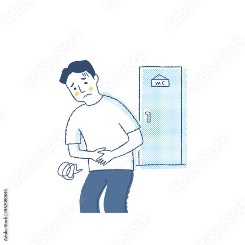 トイレの前でお腹を押さえている男性