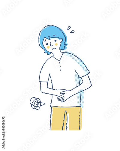 お腹を押さえている困った表情の女性　