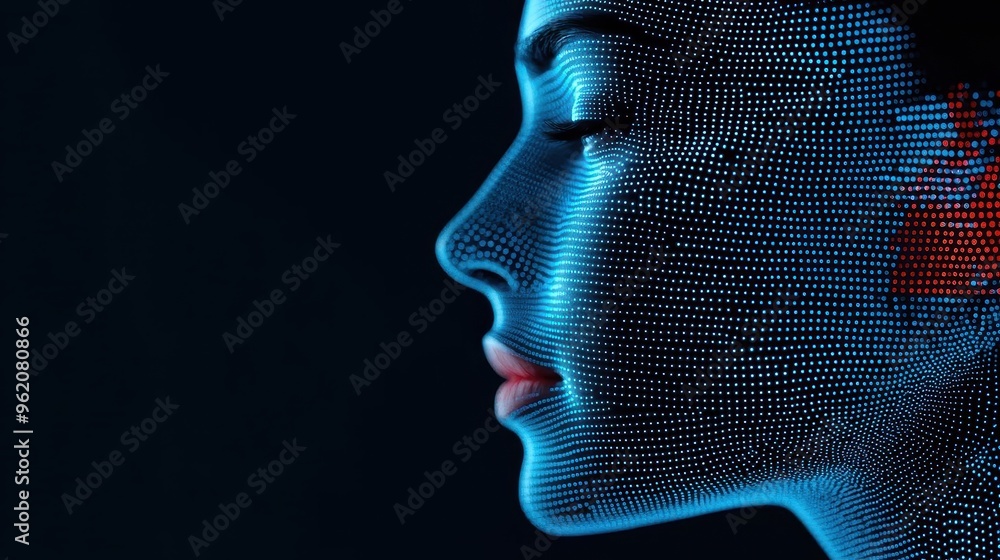 Facial recognition technology, data points scanning face, 3D illustration Facial recognition technology, data points scanning face, 3D illustration