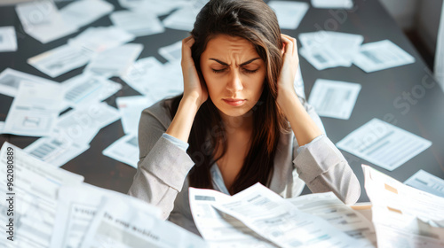 Stressed woman overwhelmed by paperwork. frustrated business woman surrounded by documents.  deadline pressure and stress concept.  financial crisis and debt.  bankruptcy, bills, and debt. photo