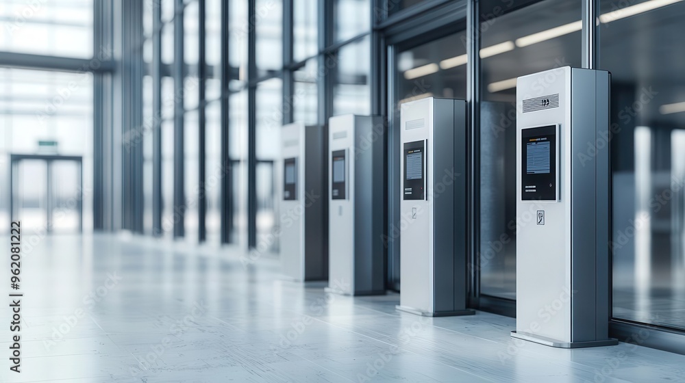 Multiple biometric facial recognition terminals installed at an office entrance for secure access control, Biometric access, Innovative tech Multiple biometric facial recognition terminals installed at an office entrance for secure access control, Biometric access, Innovative tech