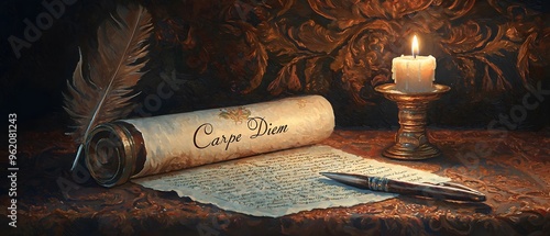 Carpe Diem Scroll Candlelight Quill Pen Old Paper