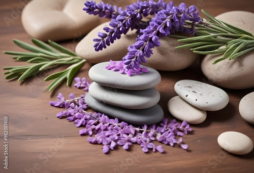 Spa still life with stack of stones and lavenders