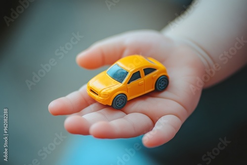Toddler's hand holding a toy car. Children's toys