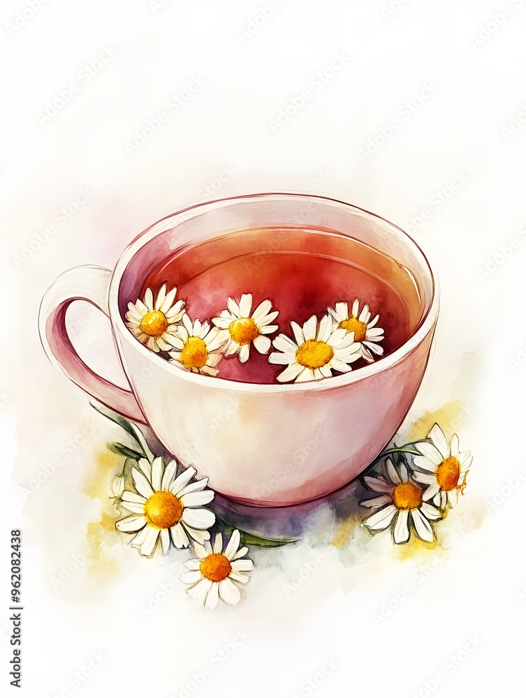 Watercolor Illustration of Chamomile Tea in a Mug with Flowers Watercolor Illustration of Chamomile Tea in a Mug with Flowers