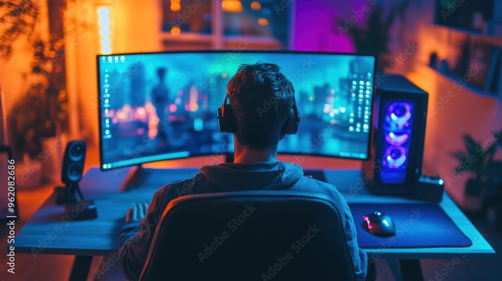 Naklejka premium Bright, multi-colored LED lighting on a blue-themed desk with advanced tech gadgets in use