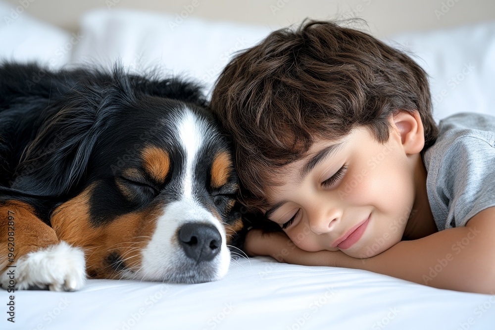 Children and pet, bedtime routine, winding down together as the child says goodnight and the pet curls up at the foot of the bed, ready for sleep Children and pet, bedtime routine, winding down together as the child says goodnight and the pet curls up at the foot of the bed, ready for sleep