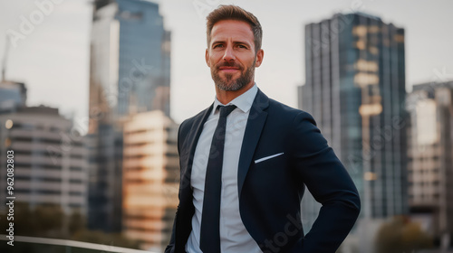 A poised businessman in a tailored suit stands against a backdrop of modern skyscrapers, exuding confidence and professionalism in an urban environment during golden hour