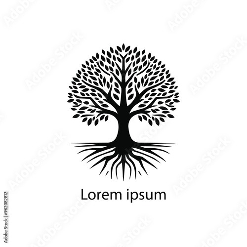 A black and white drawing of a tree with roots in the middle