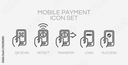 Mobile payment gateway online app process icon set for cashless concept in vector art