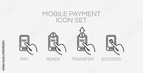 Mobile payment gateway online app process icon set for cashless concept in vector art
