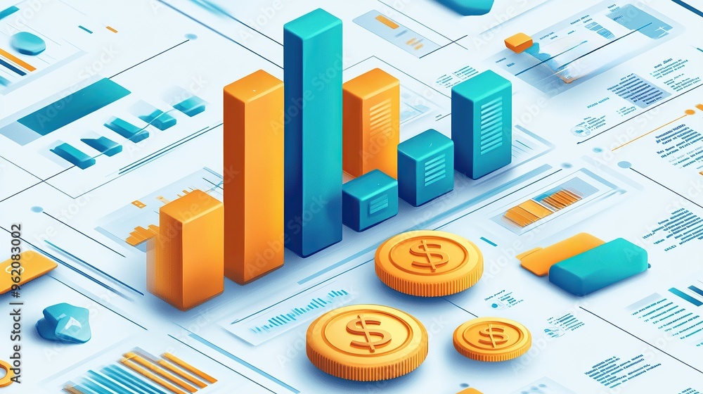 Comprehensive financial data visualization with 3D graphs and currency symbols Comprehensive financial data visualization with 3D graphs and currency symbols