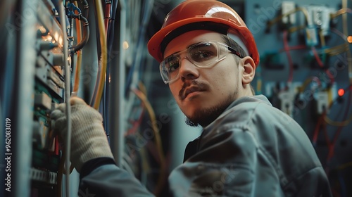 A technician working on electrical equipment in a control panel, focused and wearing safety gear.